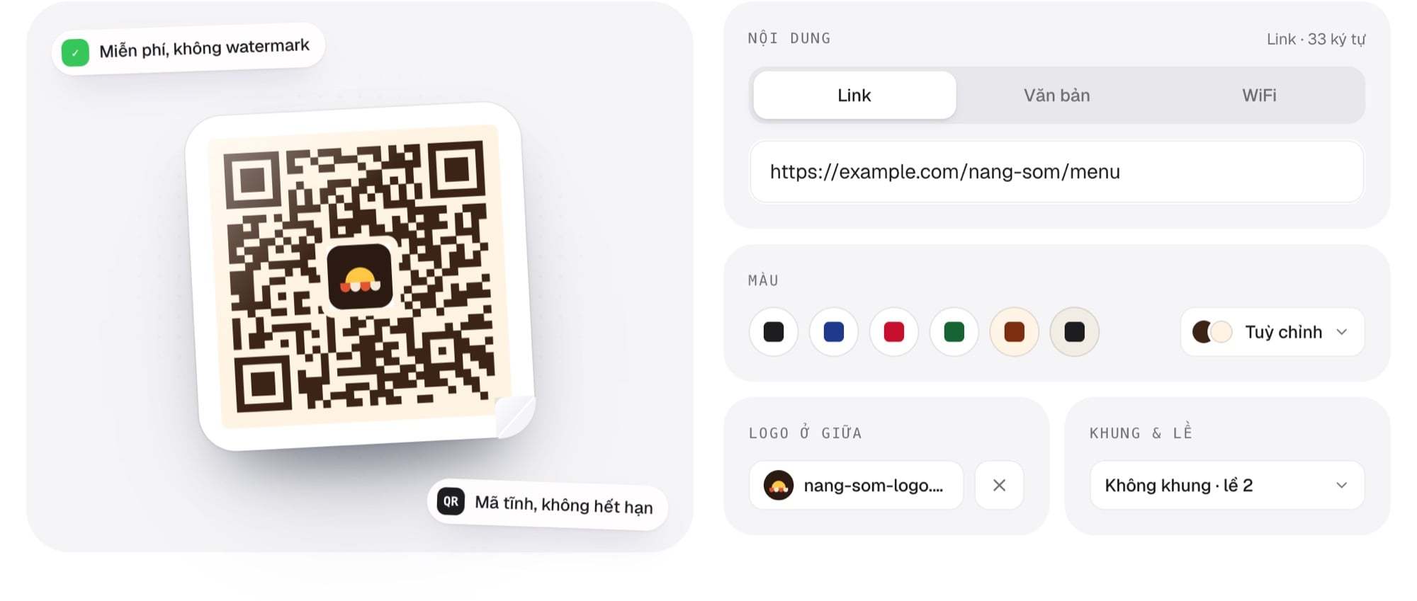 Mã QR màu nâu trên nền kem có logo quán ở giữa trong công cụ Tạo mã QR
