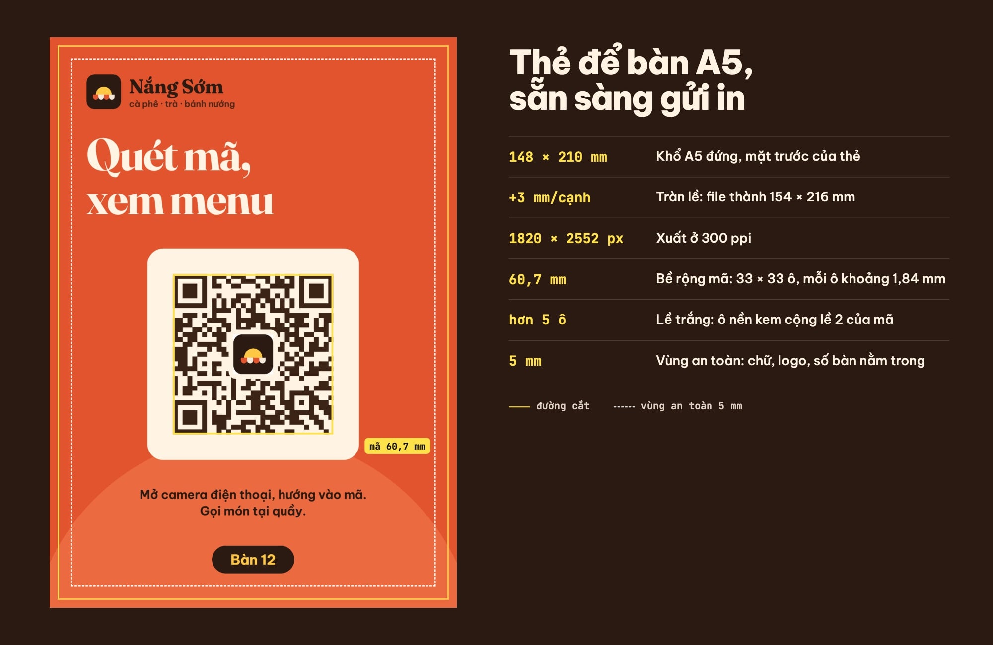 Thẻ để bàn A5 có mã QR với đường cắt, vùng an toàn và thông số in