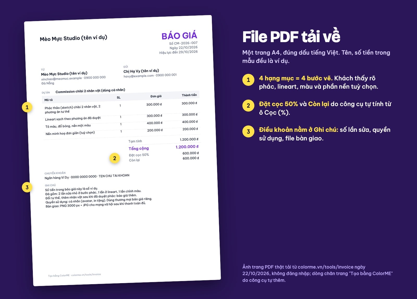 Trang PDF báo giá commission tải về từ công cụ với dòng đặt cọc 50 phần trăm và ghi chú điều khoản