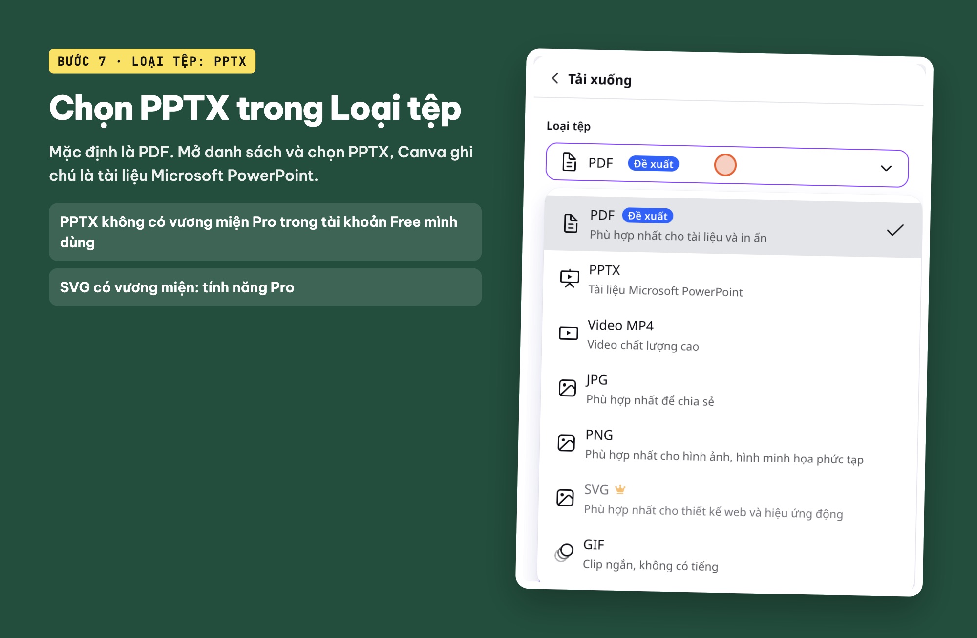Chọn loại tệp PPTX khi tải bài thuyết trình Canva