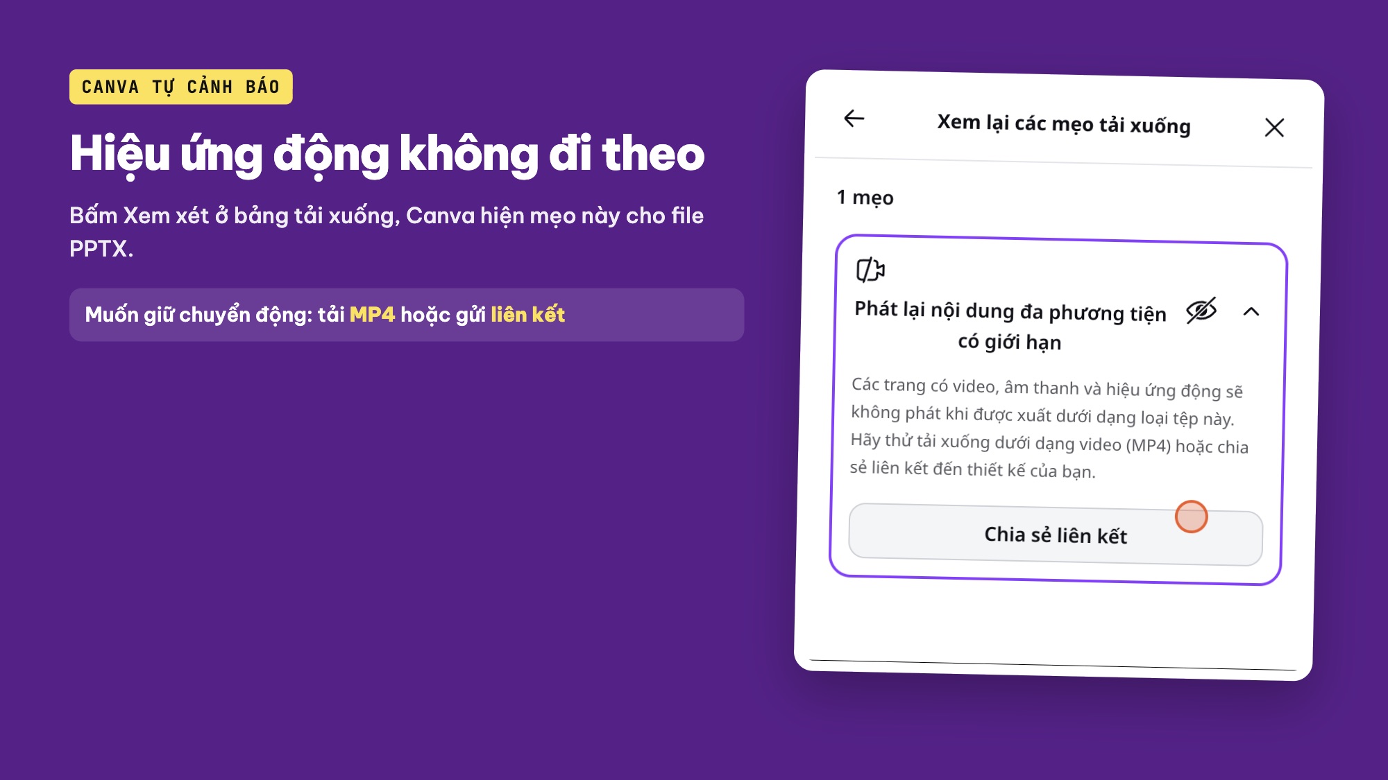 Canva cảnh báo hiệu ứng động không phát khi tải PPTX