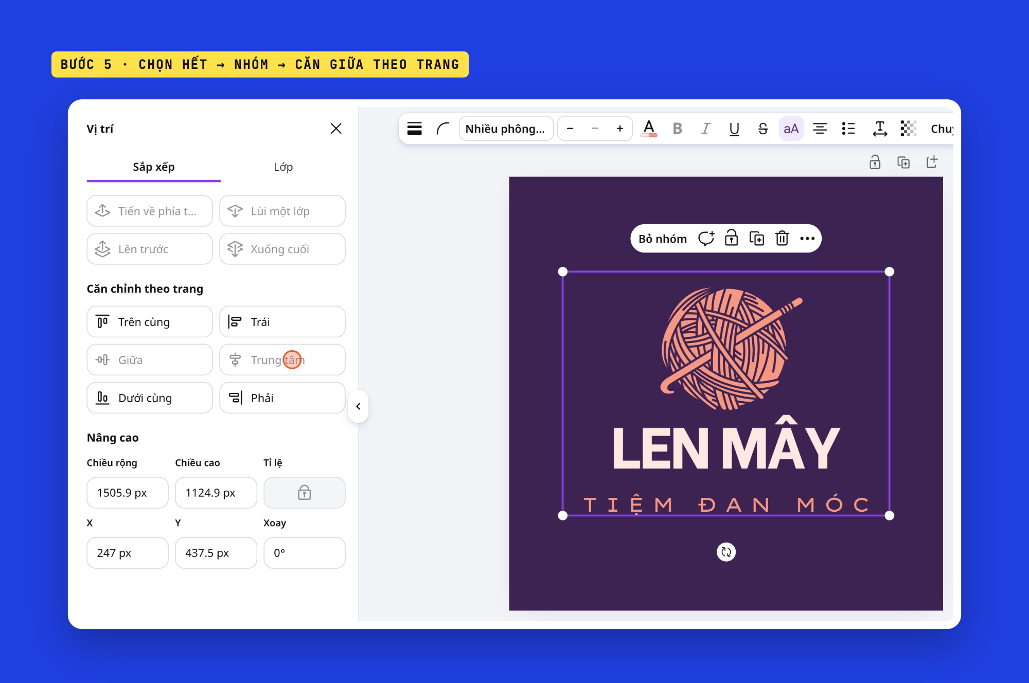 Nhóm và căn giữa logo theo trang trên Canva