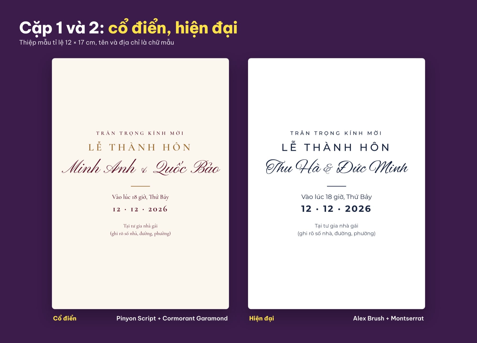 Cặp font thiệp cưới cổ điển và hiện đại trên thiệp mẫu Lễ Thành Hôn