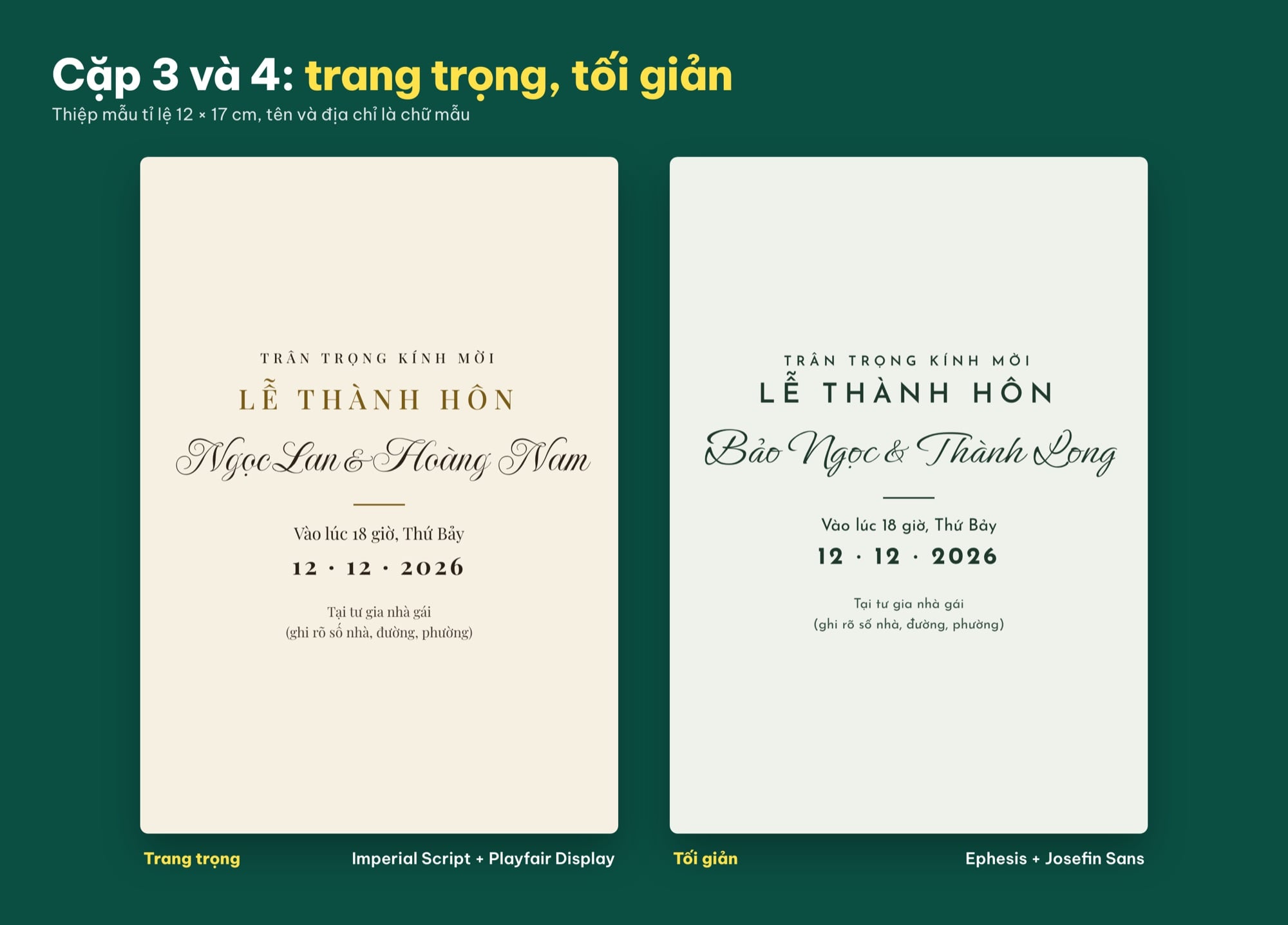 Cặp font chữ đám cưới đẹp trang trọng và tối giản trên thiệp mẫu