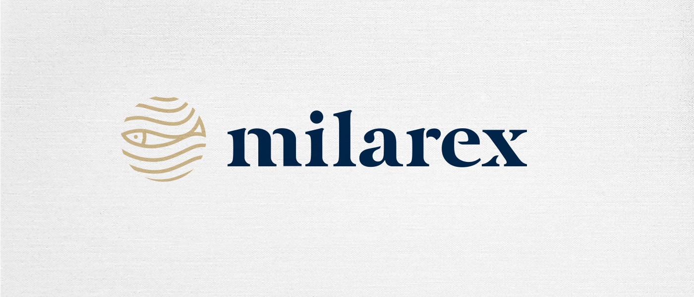 Logo Milarex: vòng tròn ghép từ các nét sóng vàng, con cá hiện ra ở khoảng trống, đặt cạnh chữ milarex xanh than