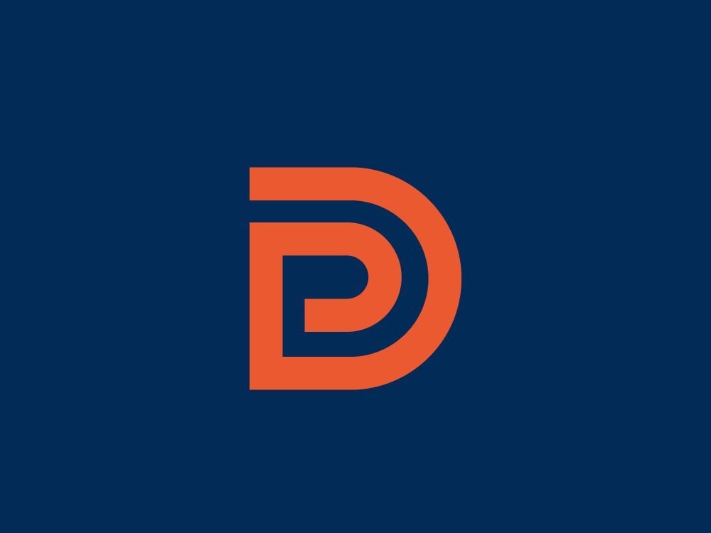 Logo chữ D màu cam trên nền xanh navy, dựng bằng các dải nét song song lồng vào nhau