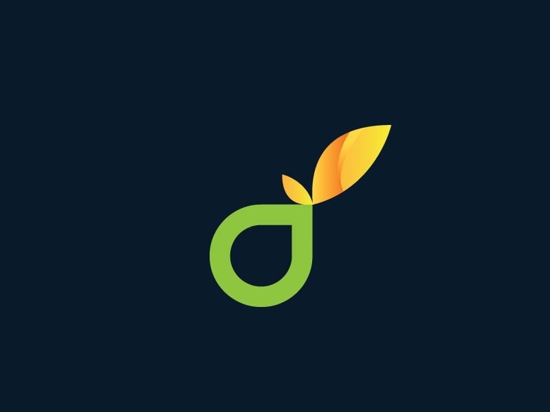 Logo chữ d thường màu xanh lá, đầu nét đứng mọc thành chiếc lá vàng cam, nền xanh đen