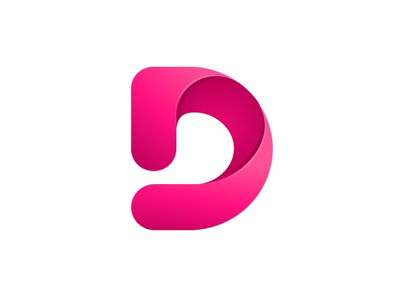Logo chữ D màu hồng như một dải băng cuộn, nét đứng gấp sang bụng chữ, nền trắng