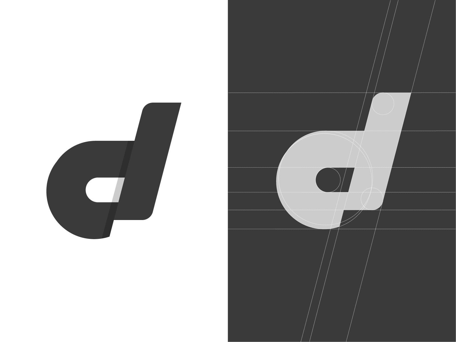Logo chữ d thường nghiêng màu xám đậm, nét đứng tách hai mảng sáng tối, kèm bản dựng trên lưới
