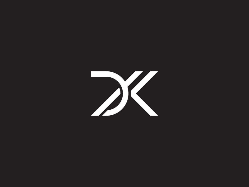 Logo DK nét trắng mảnh trên nền xám đen, nét cong của D nối thẳng vào nét chéo của K