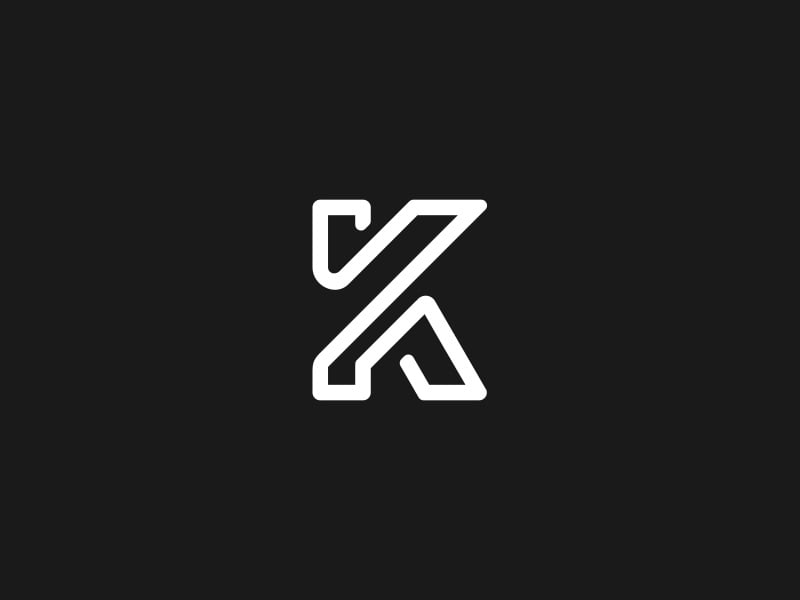 Logo chữ K nét trắng đơn trên nền đen, nét đứng và hai nét chéo vẽ bằng một đường viền liền gấp khúc