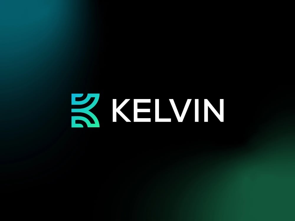 Logo chữ K xanh ngọc cạnh chữ KELVIN trên nền đen, hai nét chéo thay bằng các đường cong đồng tâm