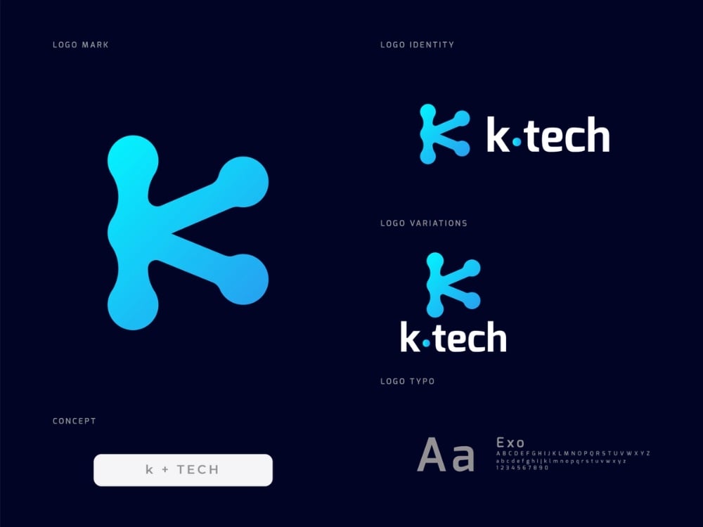 Bảng trình bày logo k-tech: chữ K xanh chuyển sắc có đầu nét tròn như các nút mạng, kèm bản ghép chữ và font