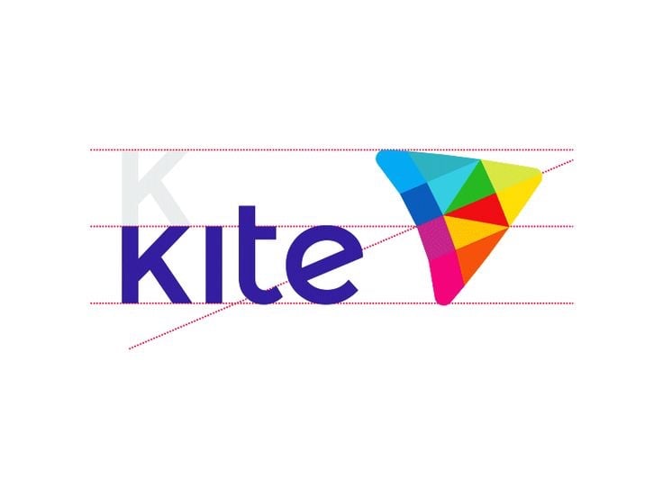 Logo Kite: chữ k trong chữ kite cắt góc theo đường chéo của biểu tượng con diều nhiều màu, có đường dựng hình
