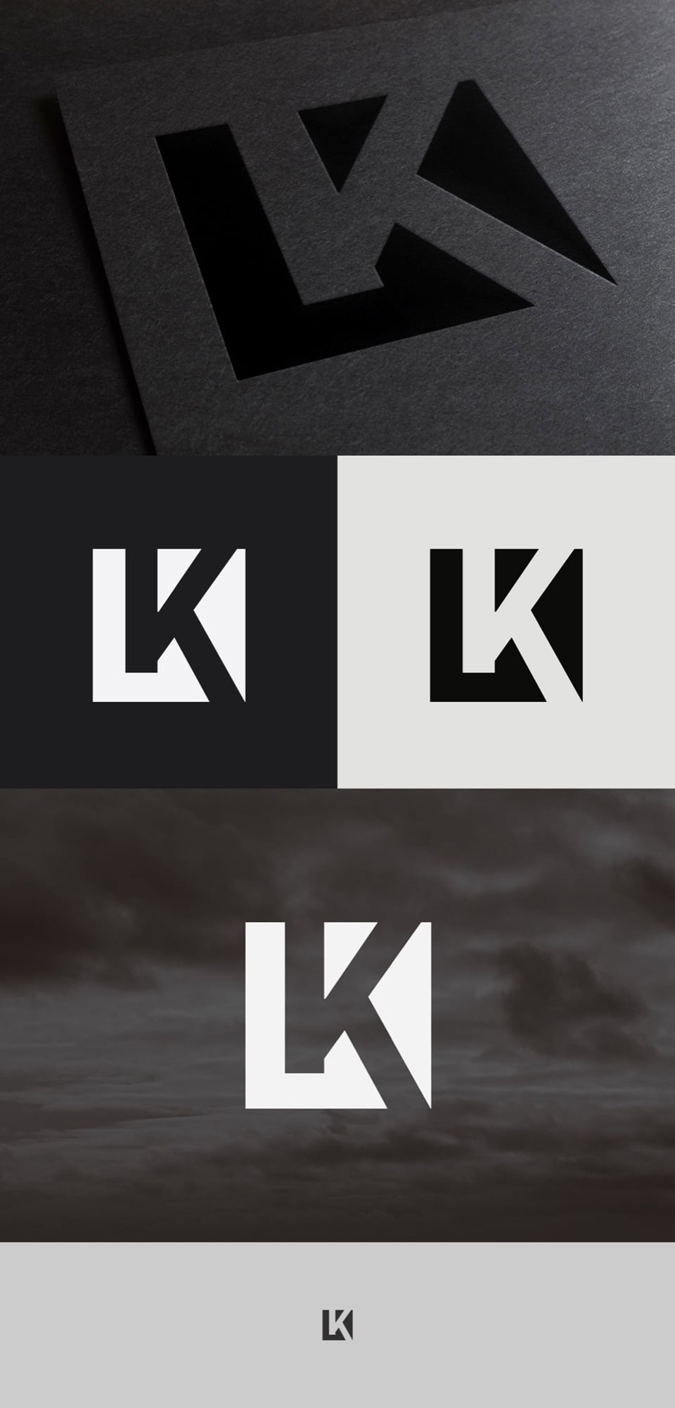 Logo cá nhân LK của Leigh Kennedy: chữ L và K khối đặc, chữ K hiện ra nhờ khe chéo âm bản, trên nhiều nền và mockup