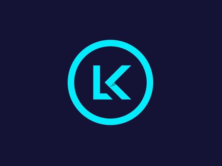Logo LK cho thương hiệu cá nhân Luke Keating: chữ L và K nét xanh ngọc trong vòng tròn trên nền xanh đậm