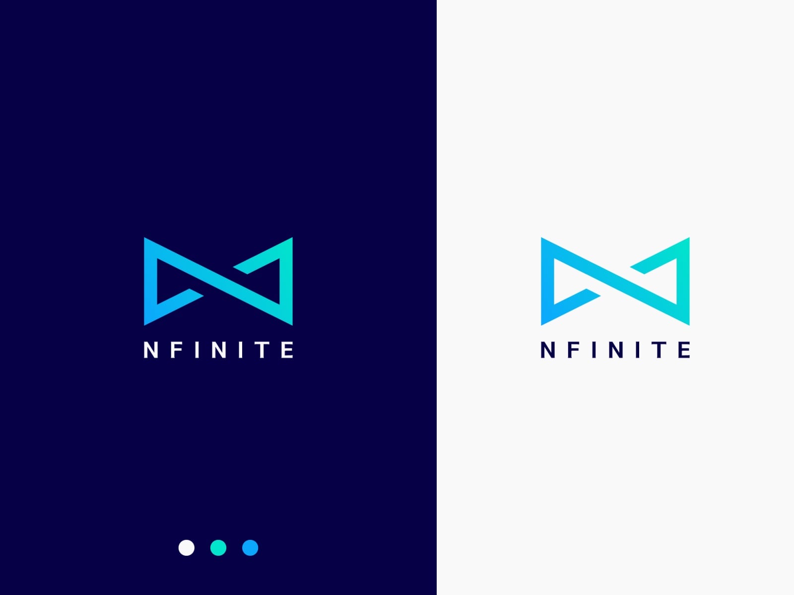 Logo NFINITE: chữ N nét mảnh xanh ngọc vẽ liền thành biểu tượng vô cực, đặt trên nền xanh đậm và nền trắng