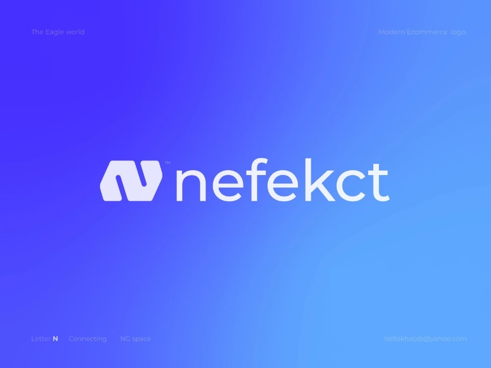 Logo nefekct trên nền xanh tím chuyển sắc: chữ N khối trắng bo góc đứng cạnh tên viết thường