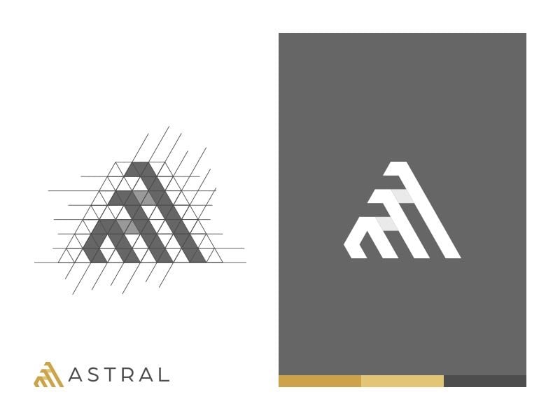 Logo Astral: chữ A ghép từ các dải chéo song song như bậc núi, kèm lưới dựng hình và bản trắng trên nền xám