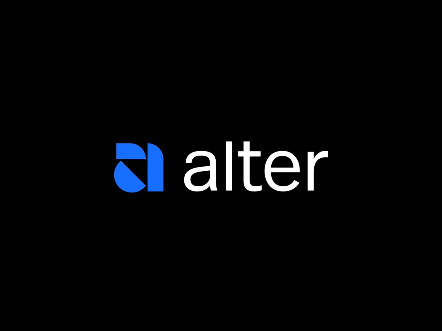 Logo alter: biểu tượng chữ a thường màu xanh dương ghép từ khối vuông và góc cắt, cạnh chữ alter màu trắng trên nền đen