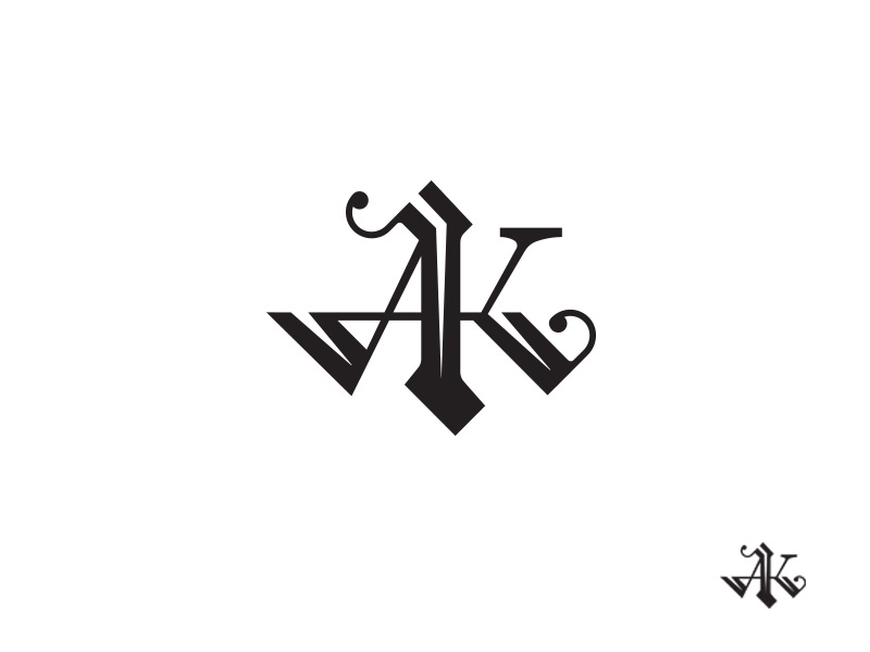 Monogram AK đen trên nền trắng kiểu chữ gothic: chữ A nét đậm thanh lồng vào chữ K có nét cuộn