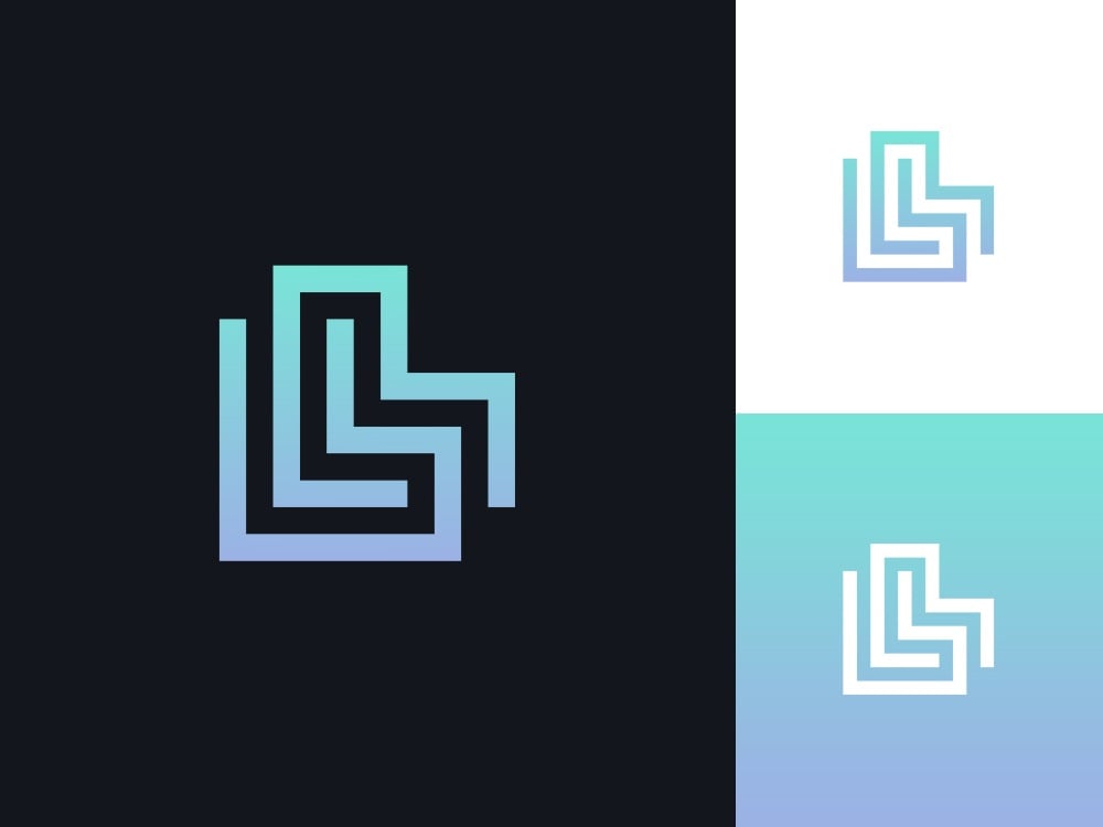 Logo LL của Damjan: hai chữ L lồng nhau bằng nét vuông chuyển màu xanh ngọc sang tím, trên nền tối, nền trắng và nền chuyển màu