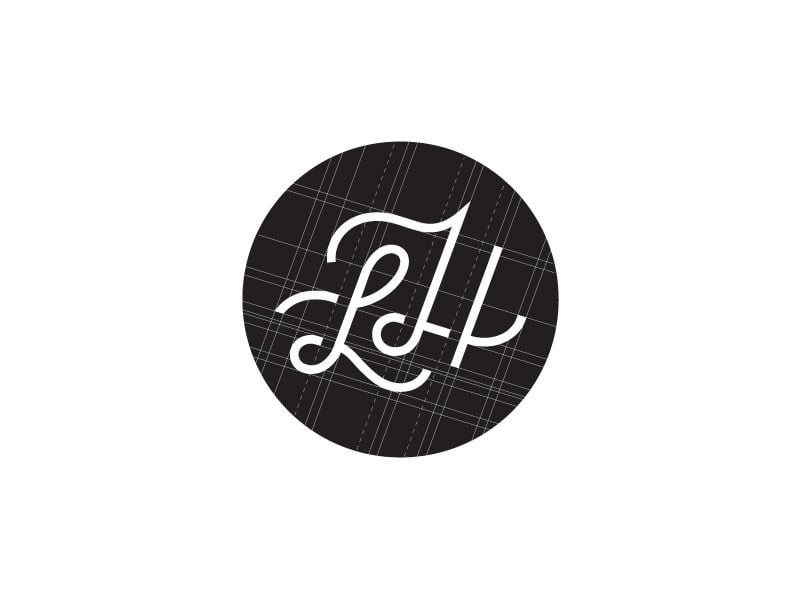 Monogram LH của George Bokhua: chữ L và H viết tay nối liền bằng nét trắng, đặt trong hình tròn đen có lưới dựng hình