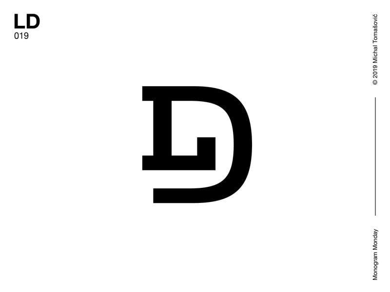 Monogram LD của Michal Tomašovič: chữ L có chân serif đặt trong lòng chữ D, nét đáy chữ D kéo dài thành chân chữ L