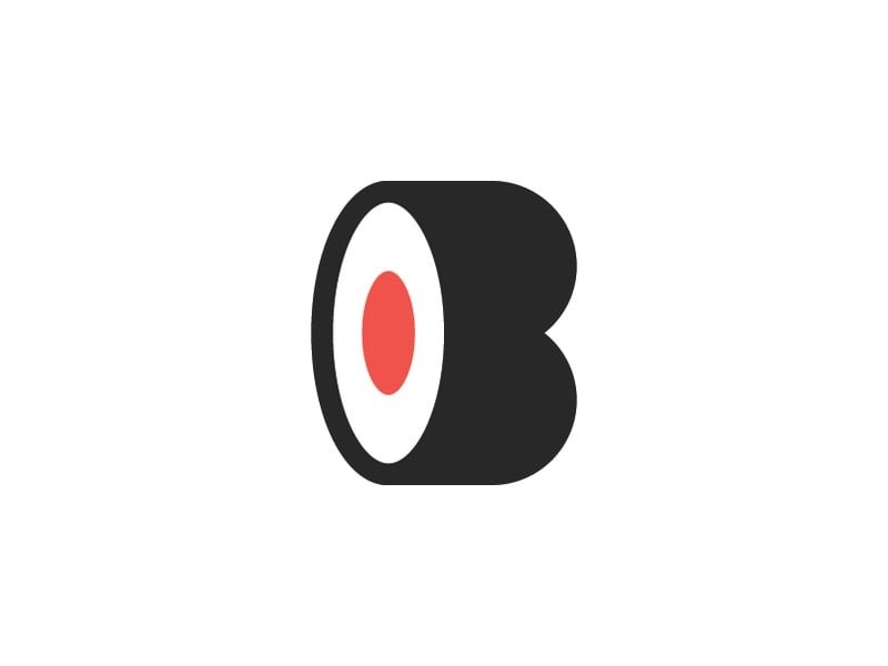 Logo Busushi: chữ B đen, bụng trái là lát cắt cuộn sushi màu trắng với nhân đỏ