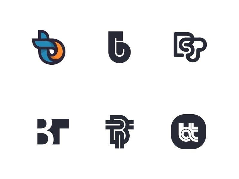 Sáu monogram bt của Kakha Kakhadzen: chữ b và t thường dùng chung nét đứng, có bản hai màu xanh cam và bản trong ô bo góc