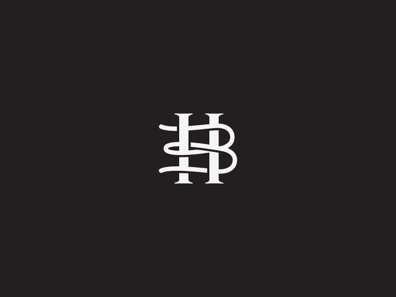 Monogram HB trắng có chân trên nền đen: chữ H và chữ B dùng chung thân, nét cong của B vòng qua thanh ngang chữ H