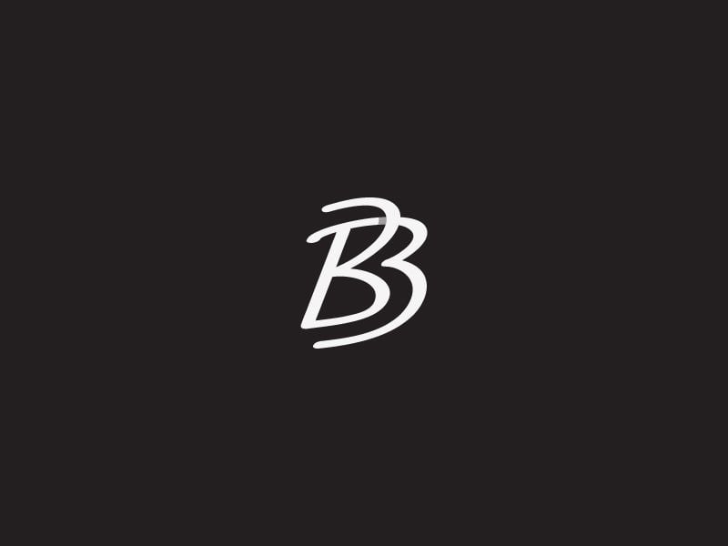 Monogram BB viết tay màu trắng trên nền đen: hai chữ B nghiêng cùng chiều, chữ sau nép vào bụng chữ trước