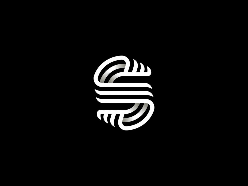 Logo chữ S của Zoran Trifunovic: nhiều sọc trắng song song uốn theo dáng chữ S trên nền đen
