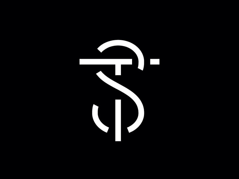 Monogram ST của Michael Spitz: nét trắng mảnh, thanh ngang chữ T nằm trên đầu chữ S, thân T cắt đứt quãng qua S, nền đen