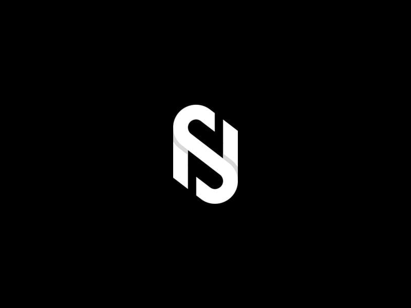 Monogram SN của Ahmed Creatives: chữ S và N trắng dùng chung một nét chéo có bóng nhẹ, nền đen