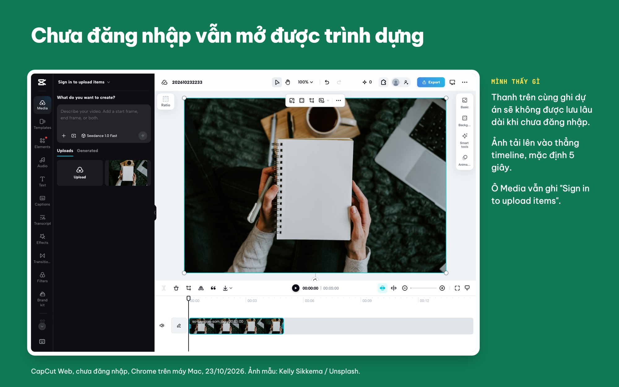 CapCut Web chưa đăng nhập tải ảnh lên