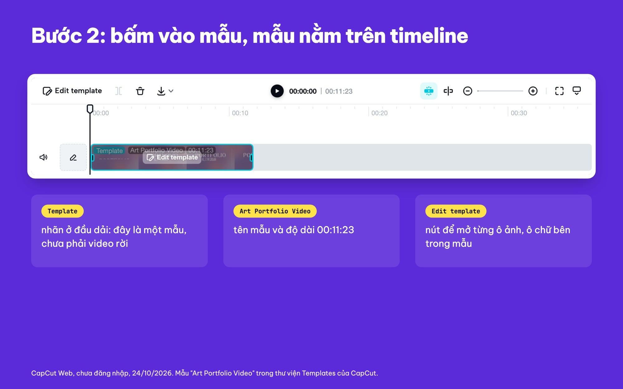 Mẫu CapCut nằm trên timeline với nút Edit template