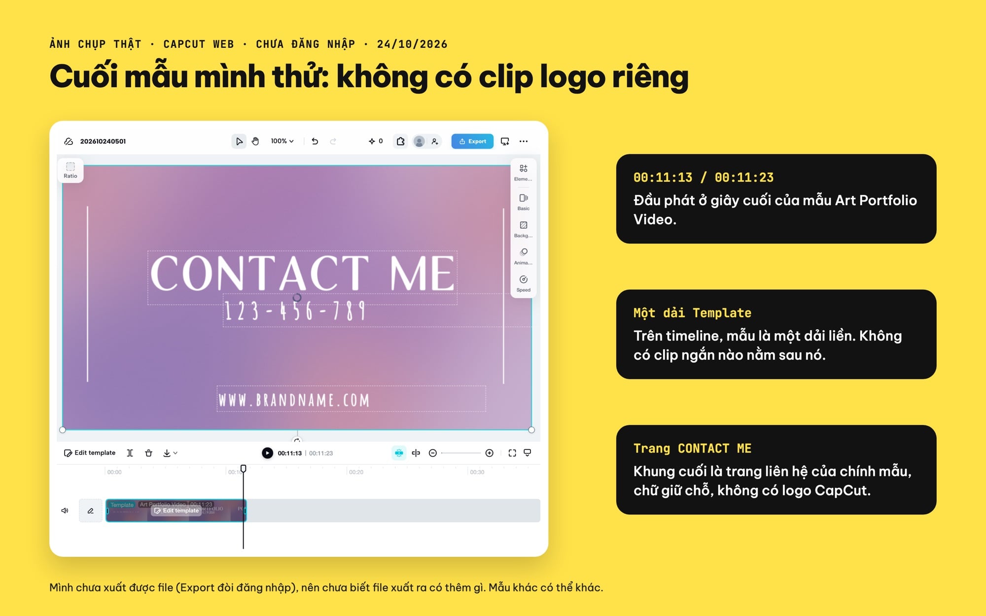 Cuối mẫu CapCut trên CapCut Web không có clip logo riêng