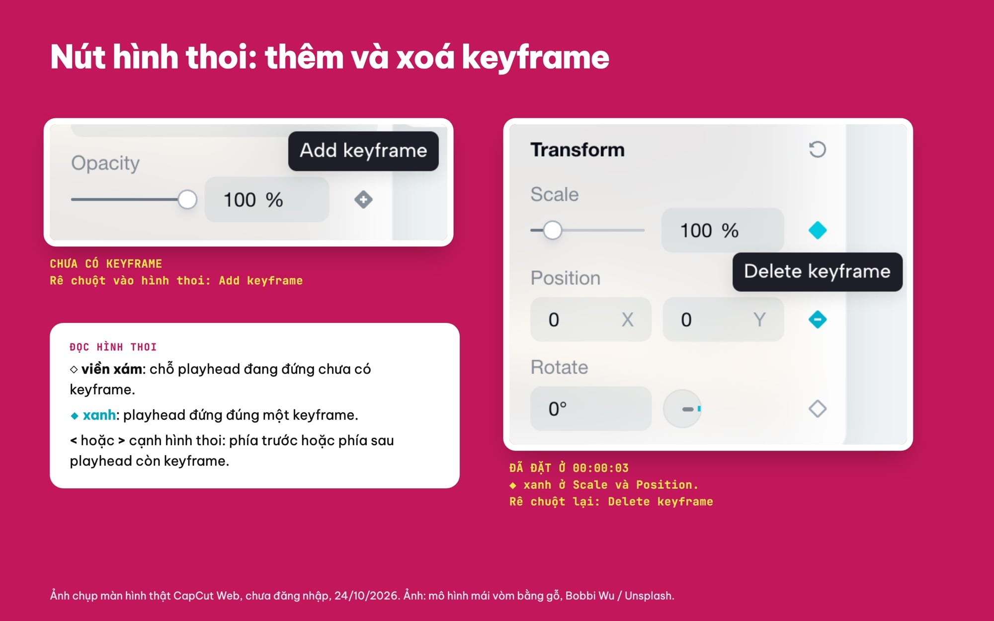 Nút hình thoi thêm và xoá keyframe trong CapCut
