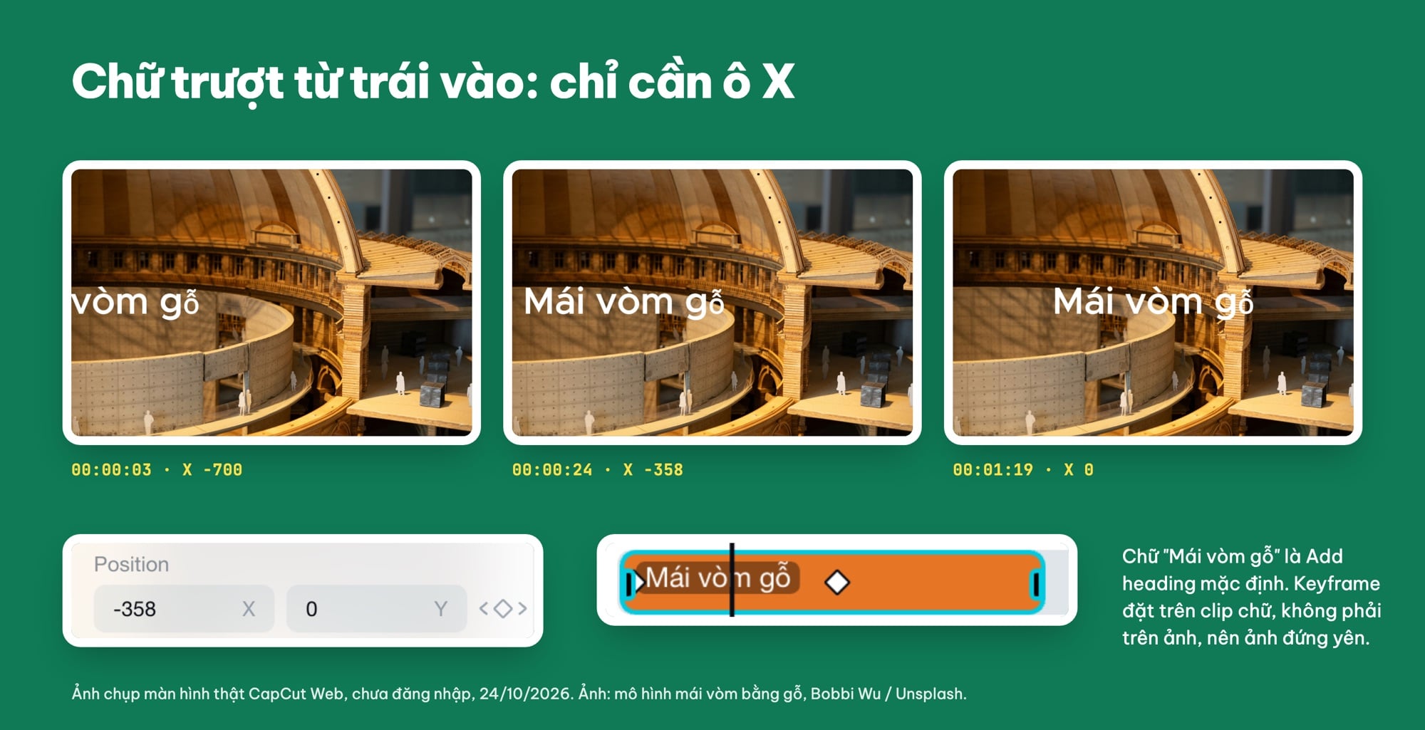 Keyframe cho chữ trượt từ trái vào trong CapCut