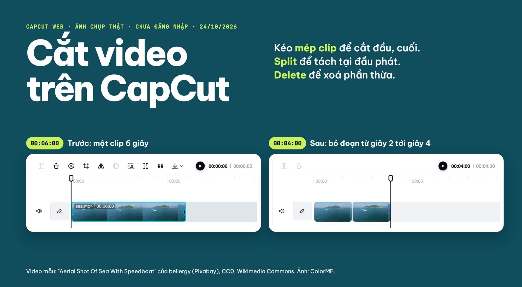 Cắt video trên CapCut Web, timeline trước và sau khi cắt