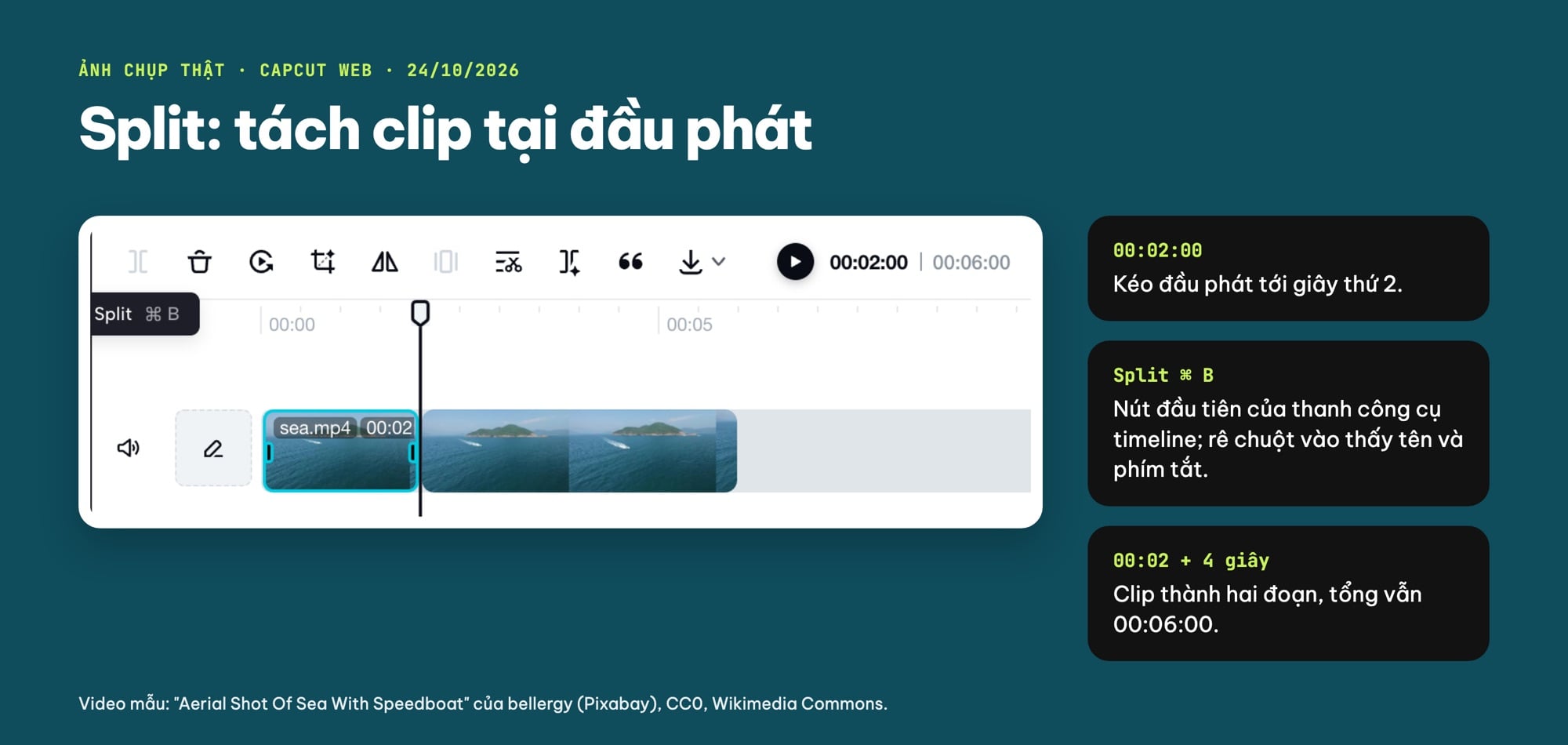 Nút Split tách clip tại đầu phát trên CapCut Web