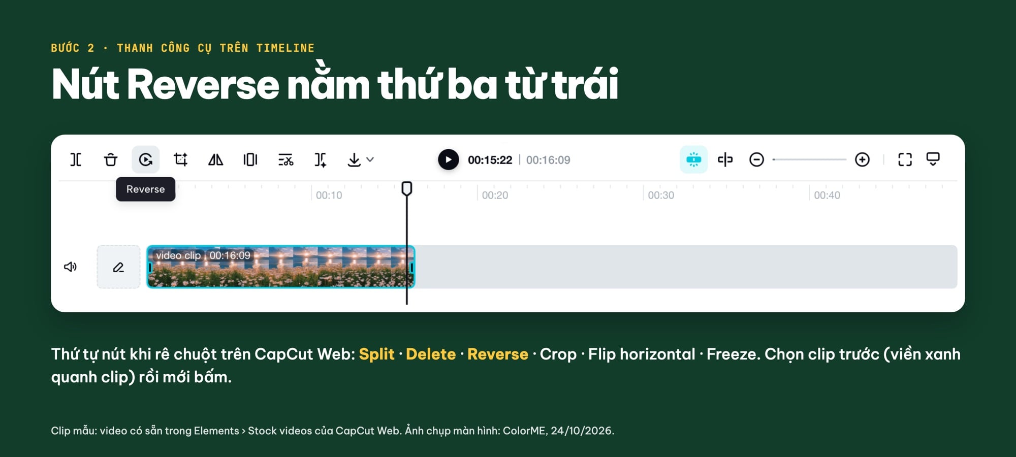 Nút Reverse trên thanh công cụ timeline của CapCut Web