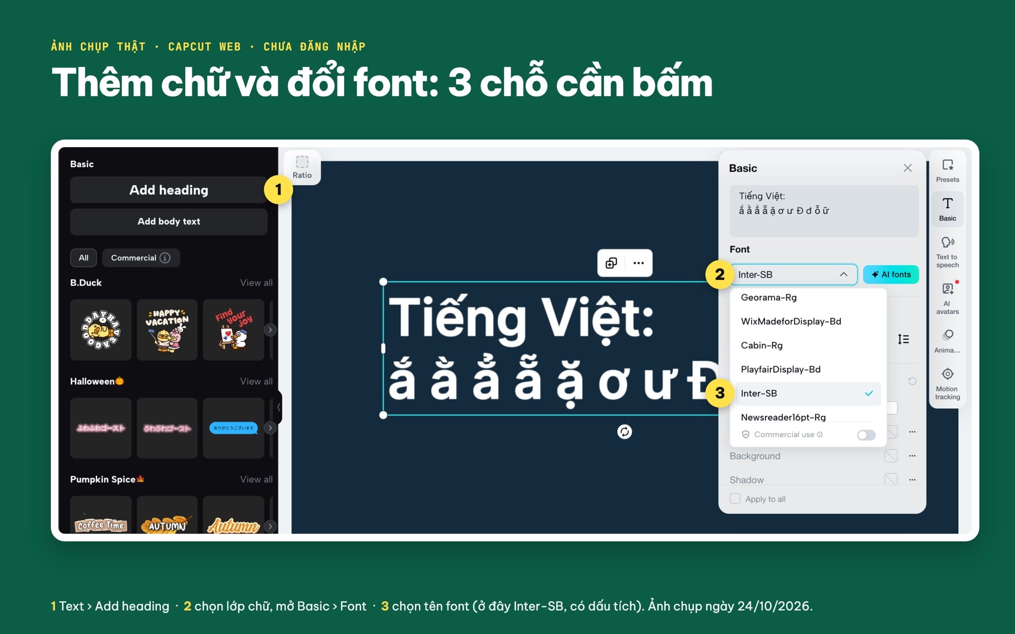 Cách thêm chữ và đổi font trong CapCut Web, bảng Basic và danh sách Font
