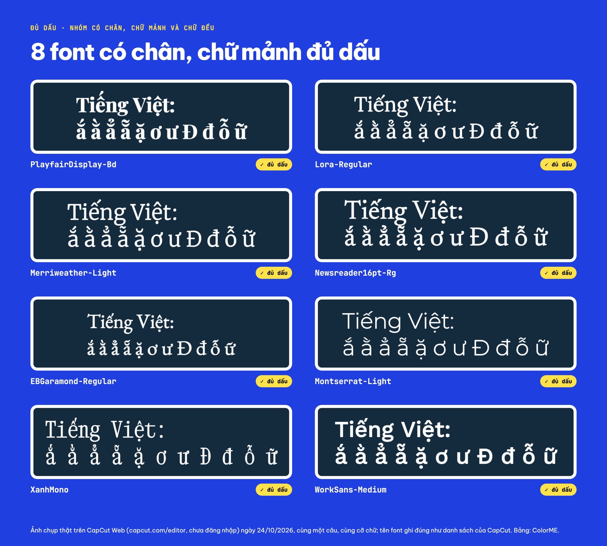 Font CapCut có chân và chữ mảnh đủ dấu tiếng Việt: Playfair Display, Lora, Merriweather, Newsreader, EB Garamond, Montserrat, XanhMono, Work Sans