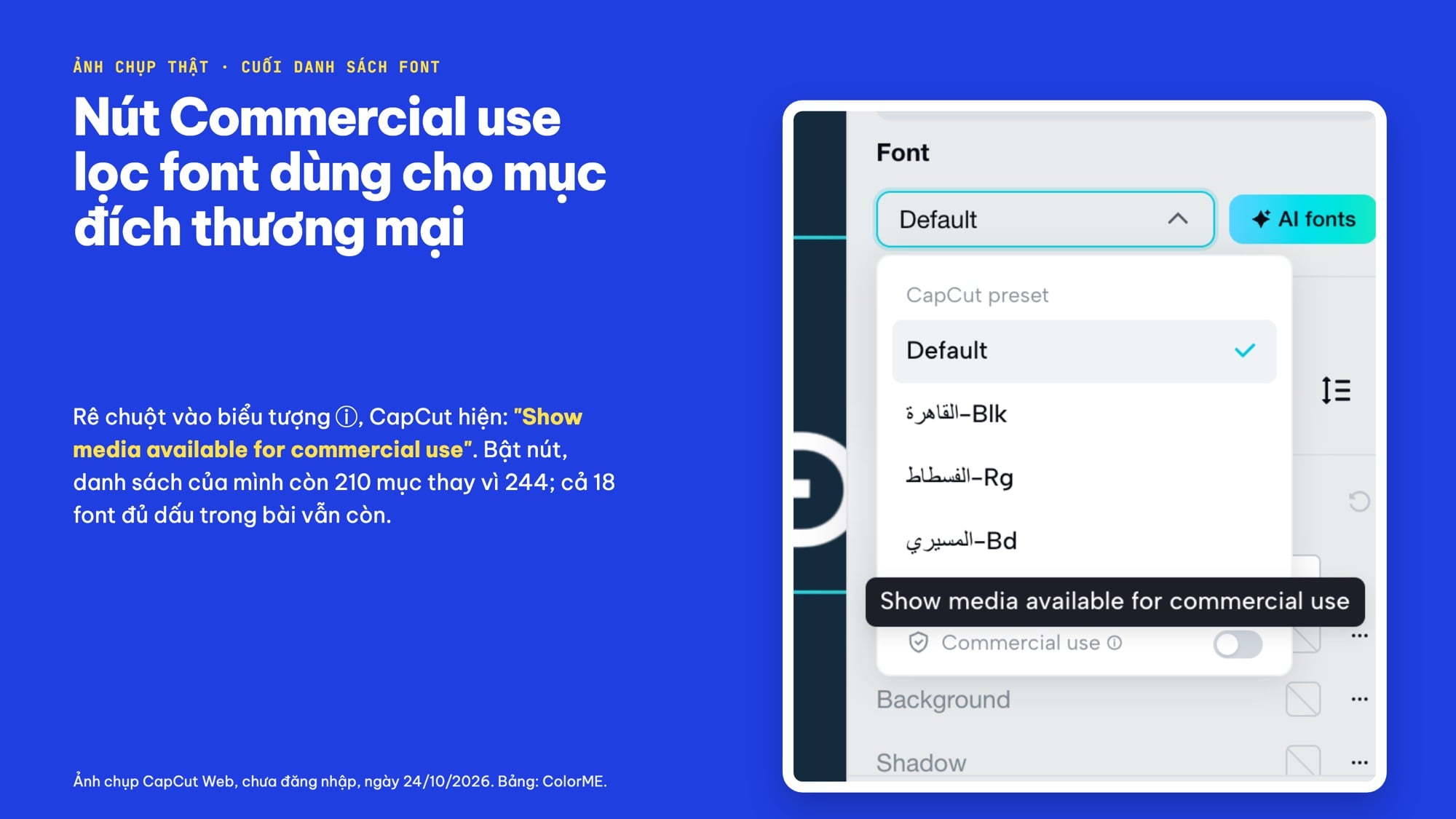 Nút Commercial use trong danh sách font CapCut Web