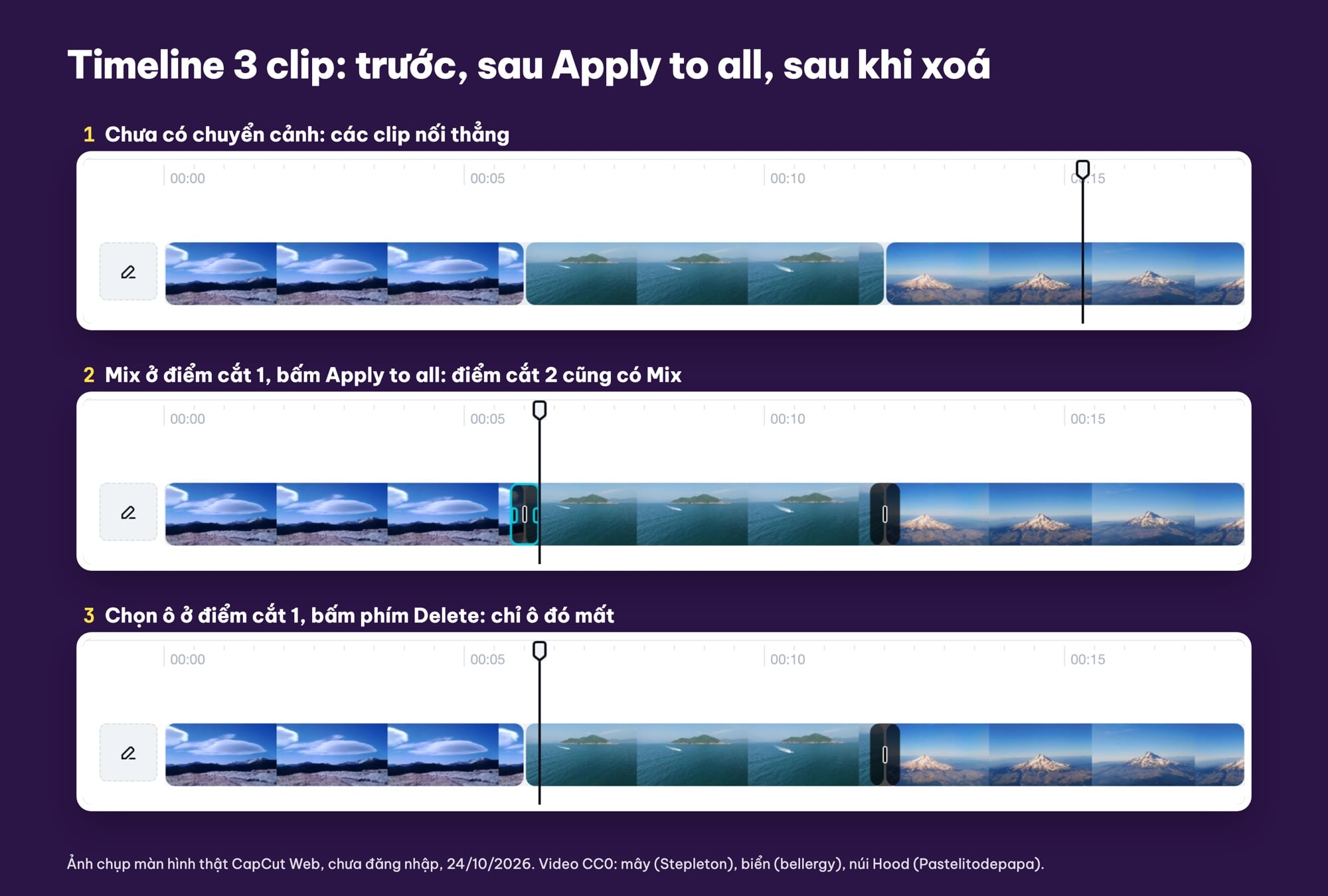 Apply to all và xoá chuyển cảnh trên timeline CapCut