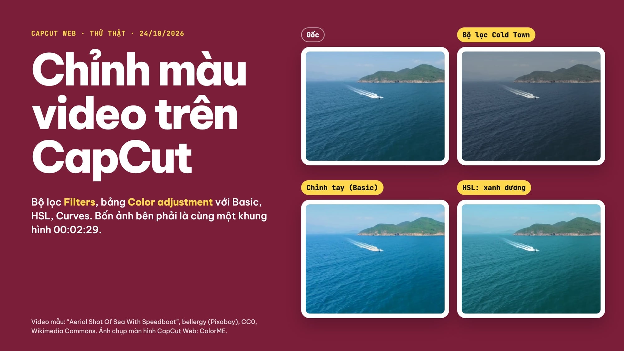 Chỉnh màu video trên CapCut, cùng một khung hình trước và sau bộ lọc, Basic, HSL