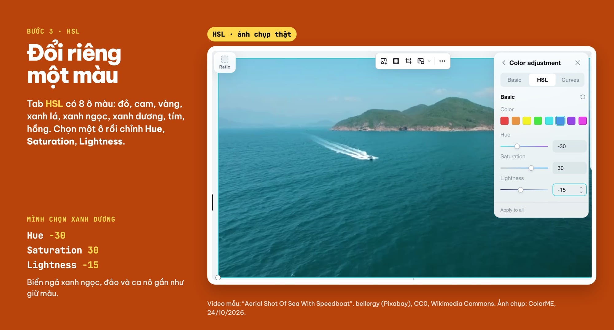 HSL trong CapCut, đổi riêng màu xanh dương của video
