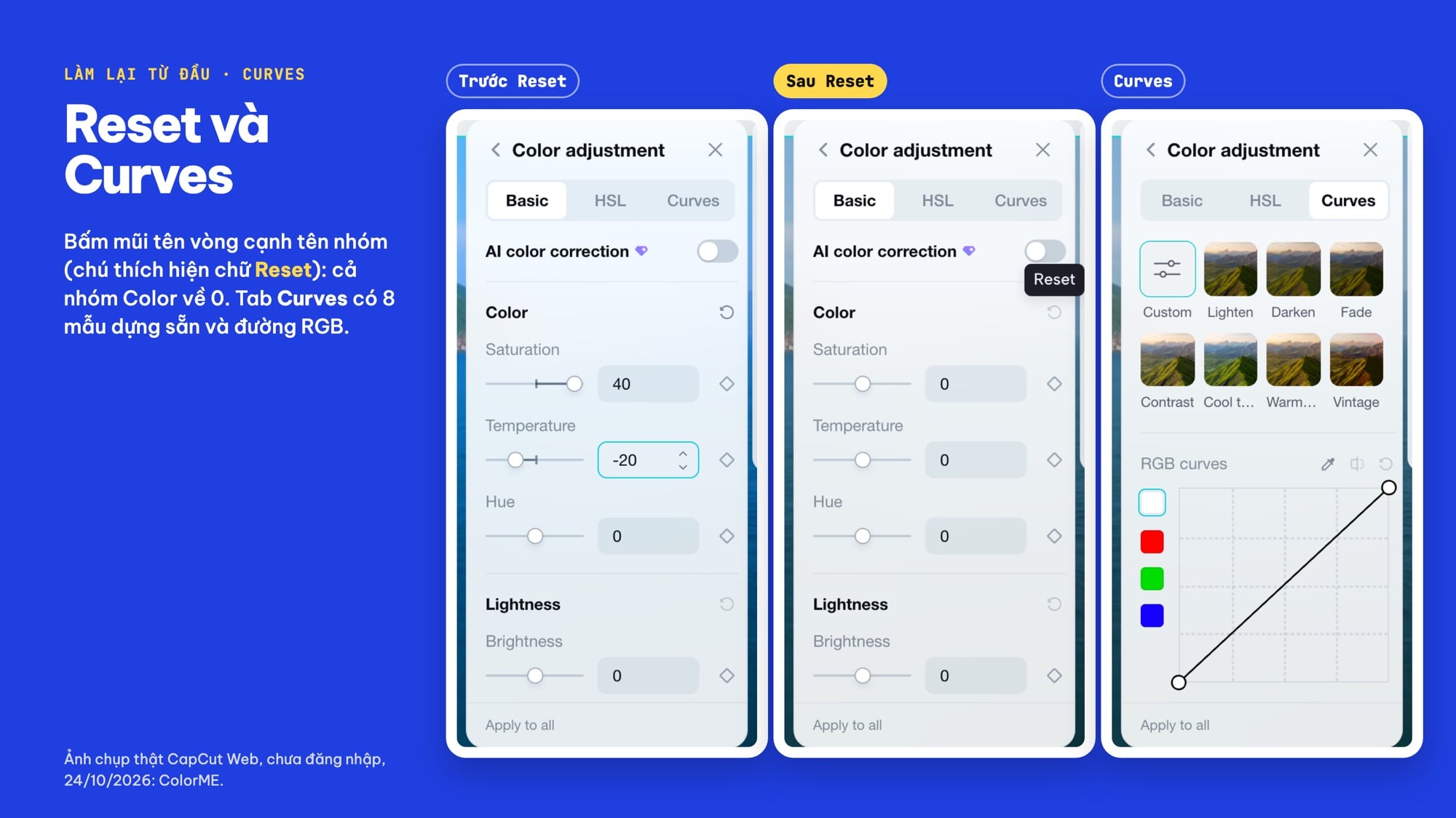 Reset màu và tab Curves trong CapCut Web
